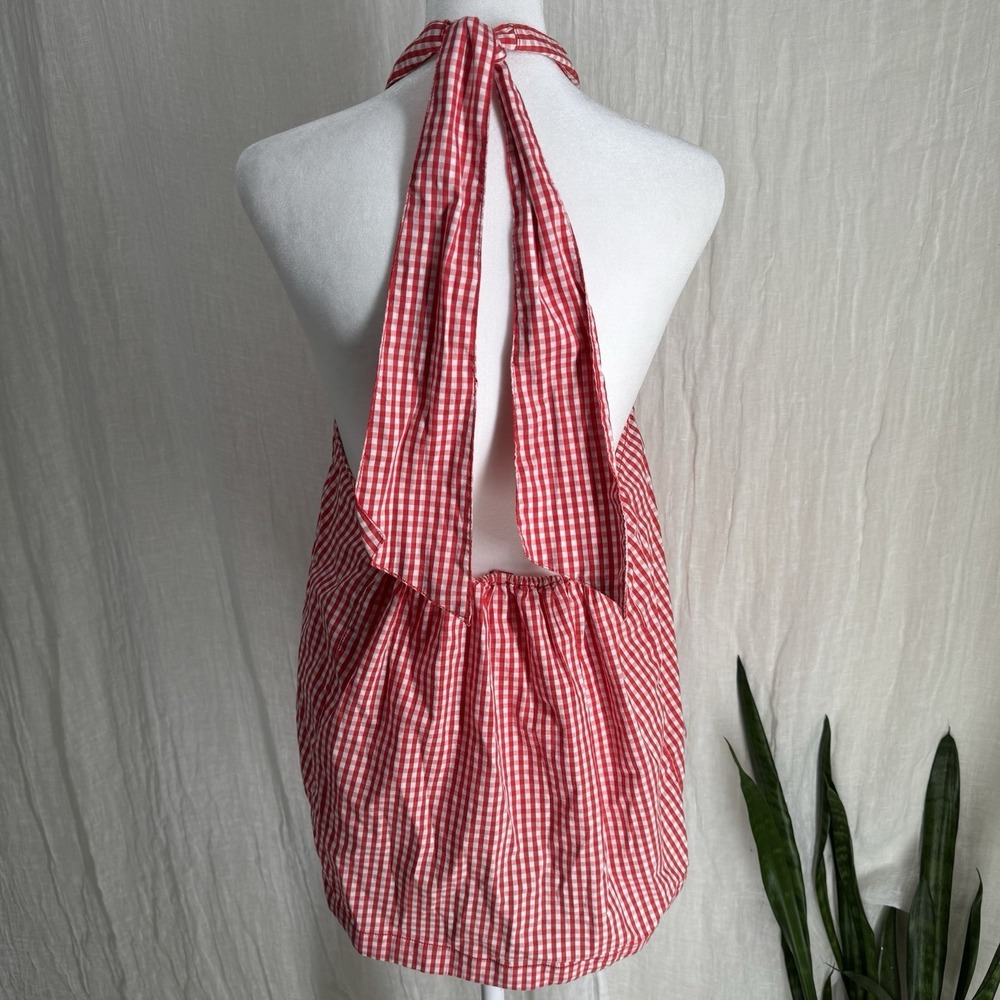 Free People Gingham Halter Top M Picnic Party Cottage Prairie Plaid Cotton Red - Picture 4 of 6